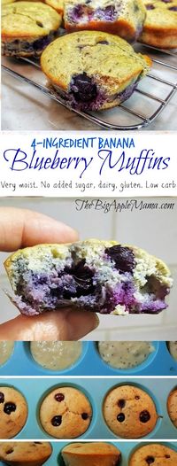 4-Ingredient low carb banana blueberry muffins. Gluten free. Paleo friendly. No added sugar