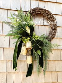 Bell and Bow Wreath. Pine Wreath. Gold Bell Wreath. Cedar Wreath. Hanging Cedar Wreath. Pine and Cedar Decor. Wreath. - Etsy