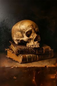 This haunting oil painting whispers of mortality. The skull, a timeless symbol of death, rests upon aged books - knowledge uneffected by time's cruel hand.  #mementomori #gothicart #skullart #stilllife