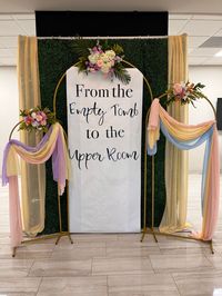 Photo backdrop for resurrection sunday. Church backdrop for easter. Chiffon table runners with gold arches from EfavorMart.com