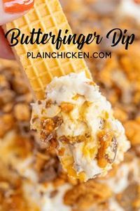 Butterfinger Dip ~ only 4 ingredients and ready in minutes! Cream cheese, cool whip, brown sugar and Butterfinger candy bars. Serve with vanilla wafers, sugar cookies, fruit, graham crackers or pretzels. Can make a day in advance and refrigerate until ready to serve. Great for tailgating and holiday parties!! Everyone RAVES about this yummy dessert dip! #dessert #dip #partyfood #butterfingers