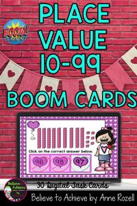 These 30 multiple choice digital task cards on the BOOM Learning website were designed to help students practice matching base ten blocks to standard form from 10-99 with a fun Valentine's Day theme. These digital task cards would be great on a laptop, desktop, Chromebook, tablet, or any other mobile device that can access the internet.