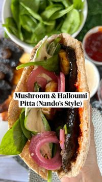 This Nando’s fakeaway recipe is one you need to try. It is vegetarian and easy to make too.  Portobello Mushroom and Halloumi Pitta  Suitable for 2-3 people  Ingredients  • 5 Portobello Mushrooms   • 1 Pack of Halloumi (225g)   • 1 tbsp Nando’s Rub (or a mixture of black pepper, paprika, chilli flakes, garlic granules and mixed herbs)  • 1 tsp Paprika  • Rapeseed or Olive Oil  • Pitta Bread  • Peri Mayonnaise: Mix Mayonnaise mixed with some Nando’s sauce (or a peri peri ) to make a perinaisse sauce  • Chilli Jam  • Pickled Onions ( I made my own by boiling equal amounts of white vinegar and water with some Szechuan peppercorns, the pouring this onto sliced red onions. Once cool, store in the fridge and enjoy in a week)  • Spinach  • Salt & Pepper  This recipe is easy to make. It just has a