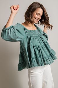 Easel Mineral Wash Tier Crop Top - Teal Blue