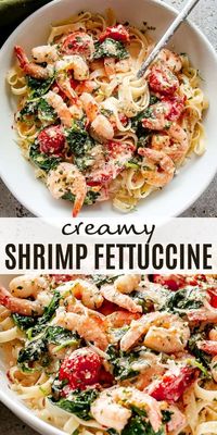 Whip up this Creamy Shrimp Fettuccine Pasta coated in a light and creamy sauce mixed with spinach and cherry tomatoes for a quick and delicious weeknight dinner!