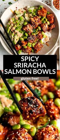 These crispy spicy sriracha salmon bowls have rice, cucumber, avocado, sriracha mayo and crispy air fryer or pan fried salmon bites. This honey sriracha salmon is sweet, spicy and so easy to make.