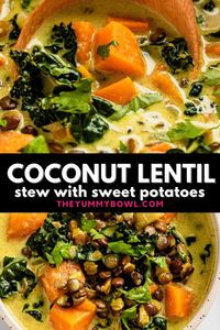 Thick and hearty Sweet Potato Lentil Stew is packed with good-for-you ingredients: delicious sweet potatoes, coconut milk, kale, and lentils! This lentil stew is incredibly filling and true comfort food in one bowl. Vegan, Dairy-free, Gluten-Free.