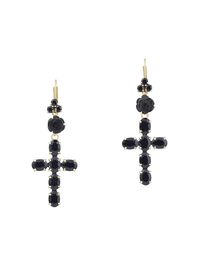 18kt yellow gold cross design 18 round and oval black sapphires 2 black jade roses leverback closure for pierced ears Two's company. These earrings come as a pair. Your purchase will arrive with a gift box.