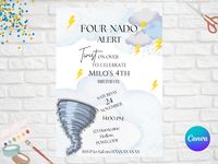 Whirl into FOUR! 🌪️🎉 Get ready for a whirlwind of fun as we celebrate your little one's 4th birthday with this exciting "FOURnado" tornado-themed invitation template.  *Please note* : This is a digital file. You do NOT receive a physical product in the post.  🌻How It Works: - Purchase this listing. - Download the template instantly. - Easily customize the text with your child's party information. - Print at home or through your preferred print service/ Send the finished invite electronically