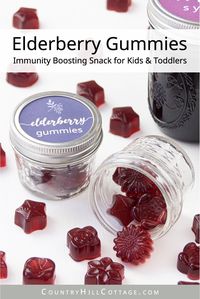 Learn how to make healthy homemade elderberry gummies for kids and toddlers. Made with honey and elderberry syrup, The best DIY fruit snack recipe is loaded with vitamins and antioxidants and has many health benefits for the immune system during the cold and flu season. Making organic elderberry gummy bears is easy and fun. Includes tips for vegan/vegetarian gummies with agar and printable labels for packaging. #fruitsnack #gummies #elderberry #homeremedies #flueseason | countryhillcottage.com