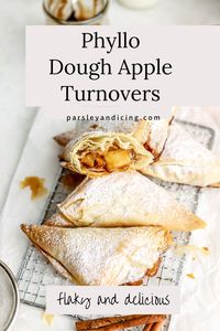 These phyllo dough apple turnovers are easy to make and use store bought phyllo dough. They're filled with a delicious apple pie filling! They're easy yet festive and perfect for company or as an impressive holiday dessert!