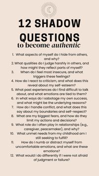 Self-acceptance is crucial for a joyful and balanced life. 🌟🌸 These shadow questions will help you explore and accept the deeper aspects of yourself. 🌿 By engaging in shadow work, you can uncover hidden fears and insecurities, transforming them into sources of strength and self-love. 🌼 Embrace the journey of understanding your shadows, and let these questions guide you towards greater self-awareness and acceptance. 💖✨ As you integrate these parts of yourself, you'll find more peace and authenticity in your daily life. 🌟💫