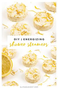 Start your morning right with these fizzy and energizing DIY shower steamers! Uplifting citrus essential oils help you wake up and get moving. This homemade shower melts recipe is so easy to make and includes pretty calendula petals. Pop one into the shower to help improve your mood and energy levels with the scent of lemon, grapefruit and sweet orange! #showersteamers #uplifting #energizing #alifeadjacent #essentialoilrecipes