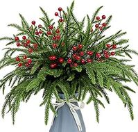 Pack of 30 Christmas Norfolk Pine Branches with Red Berry Stems, 35cm/14" Artificial Greenery Norfolk Pine Stems Real Touch Fake Foliage Picks for DIY Craft Garland Home Decoration (Red berry)