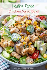 This Ranch Chicken Salad Recipe is easy to make, healthy and filling. Loaded with lean chunks of chicken breast, fresh greens, avocado, corn and made with  HEALTHY homemade ranch dressing. #homemaderanch #ranchdressing #chickensalad #chickenranch