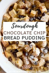 Not sure what to do with leftover sourdough bread? Make bread pudding! This rich and custardy sourdough chocolate chip bread pudding is delicious and so incredibly easy to make.