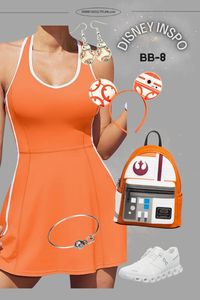 Get inspired with this BB-8 Star Wars Bounding outfit for Galaxy's Edge! Featuring BB-8 Mickey ears, an orange tennis dress, and Star Wars accessories, this look is perfect for fans who love Disney outfits aesthetic and Star Wars adventures. #BB8Disneybound #StarWarsBounding #GalaxysEdgeOutfit #DisneyOutfit #DisneyOutfitsAesthetic