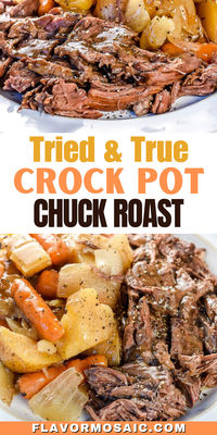 The whole family will love this Tried & True Crock Pot Chuck Roast Recipe. The entire dinner cooks together in the slow cooker so you can simply load all the ingredients into your Crock Pot in the morning and have a hot meal ready for you at the end of the day, with only one thing to wash up! With roasted potatoes, carrots, and onions, is so juicy, tender, and flavorful, no one would ever believe how easy it is to make dinner in the slow cooker!