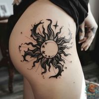 This detailed black sun tattoo on the hip incorporates stars and delicate shading, creating a celestial and unique tattoo design. Perfect for those who love cosmic themes in their body art. Discover more sun tattoo designs at inktat2.com.