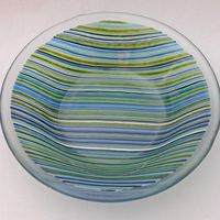 Fused glass round bowl with thin blue and green stripes, 18cm diameter £25.00