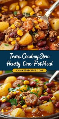 Dig into this hearty Texas Cowboy Stew, packed with ground beef, potatoes, sausage, beans, and a bold blend of spices! This one-pot meal is perfect for feeding a crowd or enjoying as a comforting weeknight dinner. 🌟 🤠#CowboyStew #OnePotMeals #ComfortFood