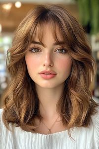 Light Brown Shoulder Length Soft Layers & Wispy Bangs, chic shoulder length haircut with bangs, medium-length haircut with fringe