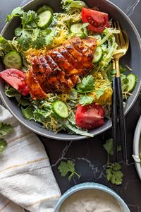 This BBQ chicken salad with homemade ranch dressing is so tasty and satisfying. The tangy BBQ sauce and creamy ranch dressing are a perfect pair. #bbqchicken #bbqchickensalad #homemaderanch #chickensalad #saladrecipes #salad #chickensalad