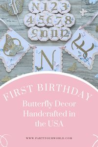 If you're looking for a classic theme for your baby girl's first birthday a butterfly theme is perfect especially if you need a spring birthday theme or summer birthday theme. This first birthday party idea is beautiful and easy because butterfly party decorations are easy to find. Start here with handcrafted, paper party decor made to order in the USA. Click to shop now.