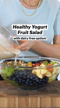 15min · 12 servings  This creamy yogurt fruit salad is the perfect summer salad recipe for any gathering or to meal prep for the family. Healthy summer salad. Fruit salad recipe.  Fruit Salad Ingredients:  • 2 C. Strawberries, cut into halves or fourths  • 2 C. Blueberries  • 2 C. Green or Red Grapes, keep whole or cut into halves  • 2 Apples, chopped into cubes (can sub with mango, pineapple, or mandarin oranges to keep it a true summer fruit salad.)  • 2 C. Peaches, chopped into 1-inch pieces (can sub with apricots)  • 4 Kiwi, peeled & sliced into bite size pieces  • 1 C. Walnuts, chopped  • Mint Leaves, to garnish (optional)  Full recipe is linked.