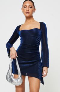 Drawstring ruching down one side creates an asymmetric, curve-hugging fit in this party-ready minidress made from a sparkly, stretchy fabric. 34" length (size 8) Slips on over head Sweetheart neck Long sleeves Lined 53% nylon, 40% metallic fibers, 7% elastane Hand wash, line dry Imported