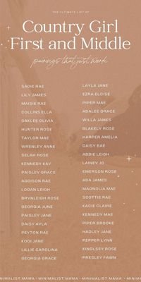 A collection of the most rustic country girl baby names for your little baby girl in 2024. This cute baby names list is perfect for parents who love Southern girl names, and even includes baby girl names with meanings, and a giant list of first and middle name ideas and nicknames.