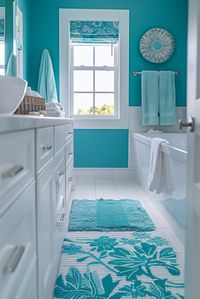 Turquoise Bliss Blue Bathroom Decor brightens the space with vibrant turquoise accents for a lively, cheerful bathroom. Click or tap for more Turquoise Bliss Blue Bathroom Decor designs.