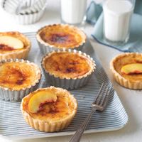 A cross between chess pie and crème brûlée created this delicious hybrid filled with juicy fruit and an addictively crisp sugar crust. Buttermilk Peach Tarts Brûlée   Save Recipe Print Ingredients 2 (14.1-ounce) packages refrigerated piecrusts 4 large eggs ¾ cup sugar plus 8 teaspoons sugar, divided ½ cup honey ½ cup whole buttermilk ¼ …