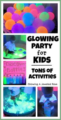 GLOWING party for kids - tons of activities in the post including a glowing ball pit, homemade glowing bubbles, GOOP, GLOWING jello, paint, and more! Have to keep in mind for Kitas sleepover this year!