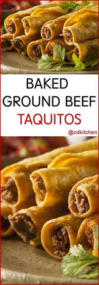 Baked Ground Beef Taquitos - These tasty rolled tacos are filled with spicy ground beef and creamy cheese. Bonus: they are baked instead of fried so they are lighter on calories than the usual restaurant versions. | CDKitchen.com