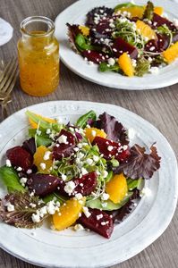 Prepare for the ultimate salad... Beet Salad with Goat Cheese and Orange Vinaigrette Dressing. The bright orange salad dressing, creamy goat cheese crumbles and earthy beets were made for each other. The perfect blend of flavors! Leave off the goat cheese for a dairy free, vegan, Paleo salad.