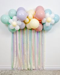 "Celebrate spring and Easter in a big way with this \"pastel spring daisy\" themed balloon & streamer backdrop kit! A festive way to celebrate holidays and birthdays with your little ones! It's easy to do with all materials and instructions included in this DIY kit! ------------------------------------------------------- Kit Includes: ------------------------------------------------------- -11\" latex balloons in custom pastel shades of green, lilac, yellow, pink, and blue -5\" latex balloons in