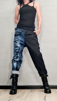 "Extravagant Denim Pants, Asymmetric Denim Harem Pants, Painted Streetwear Pants, Deconstructed Denim, Women Denim Harem ❤️ Extravagant designs and high quality fabrics! ❤️ Materials & Care Denim, Cotton, Textile Hand wash at low temperatures. Do not machine dry. Do not iron. Do not dry clean! ❤️ Sizing We can make your piece from XS to 5XL! Everything in the shop can be also made according to your measures free of charge! ❤️ Shipping ✈ Ready to ship The time I need to prepare an order for s