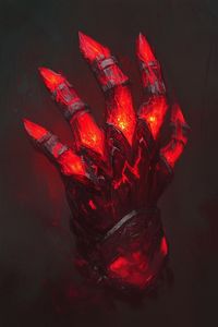 Behold this striking magic artifact design featuring a dark gauntlet constructed from sharp, crystalline materials. The claw-like fingers are formed from jagged, blood-red crystals that pulse with a molten, lava-like glow, embodying the essence of a magical crystal art piece. Cracks in the blackened metal emit fiery orange-red light, suggesting volatile energy within. The gauntlet’s fiery brilliance stands out dramatically against the pitch-black background. Perfect for enthusiasts of artifact art, fantasy magic artifacts, and dark fantasy runes seeking a powerful and dynamic visual.