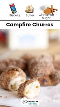 These campfire churros are both delicious and mind-blowingly easy to make. The kids will love to help make this recipe! Click on the pin to see this plus more easy campfire dessert recipes featured over on Listotic.