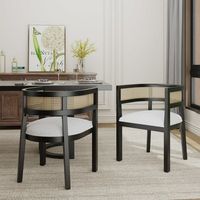 Rattan Back Dining Chairs, U-Shaped Upholstered Seat, Wood Frame, Beige+Black, Set of 2 - Walmart.com