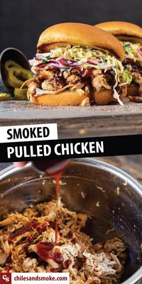 These juicy Smoked Pulled Chicken Sandwiches are so tender, juicy, and simple to make. Whole chickens are deeply seasoned, slowly smoked, shredded, and piled on soft buns with a creamy slaw. There’s a reason pulled chicken is a classic staple in barbecue. Pulled chicken can soak up just about any flavors you’d like to serve, making it ideal for party planning with BBQ. #smokedchicken #bbqchicken #pulledchicken #bbqchickensandwiches #shreddedchicken #smokedpulledchicken