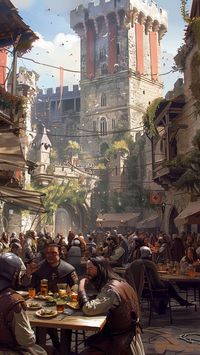 Medieval banquet in the yard of a majestic castle.  #medieval #banquet #castle #illustration #medievalcastle #beautiful #festival