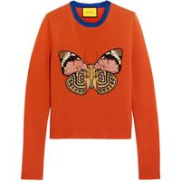 Gucci for NET-A-PORTER Embellished wool sweater ($1,900) ❤ liked on Polyvore featuring tops, sweaters, gucci, orange, gucci sweater, beaded sweaters, embellished sweaters, butterfly top and beaded top