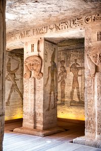 The minor temple at Abu simbel is dedicated to the great wife Nefertari Mery-en-Mut (beloved by Mut) for whom the sun shines, associated with Hathor, goddess of royal maternity.The vestibule has six pillars with hathoric capitals, once again underlining the connection between Nefertari and the goddess Hathor. The queen is shown on the walls with her husband in various ritual scenes.