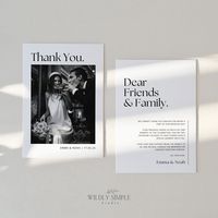 Looking for a classy and modern way to express your gratitude after the big day? Our photo thank you card is the perfect choice! This simple yet elegant card features a customizable photo, making it easy to personalise for your guests. With its modern minimalist design and instant download option, you can easily create your own custom wedding stationary in no time. Impress your guests with a chic and stylish note that they will cherish. Say "thank you" in a memorable way with our editable Canva