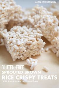 These Sprouted Brown Rice Crispy Treats may be gluten and refined sugar-free, but they don't lack that nostalgic, rich buttery flavor like the ones we ate as kids. The texture is flexible and perfectly gooey, without being overly sticky. The rice cereal I use is one of our favorites, and it's only sweetened with coconut sugar. The best part is these are free from the corn syrup or corn starch typically found in marshmallows! Get the recipe here! #glutenfree #ricecrispytreats