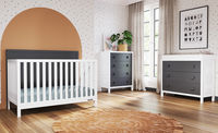 Bring a playful, retro vibe to your nursery with the Orbit Collection! Its large, graphic circle details and striking black-on-white color palette add a fun and unexpected twist to any decor. The full collection includes both a 4-in-1 Flat Top Crib and a 3-in-1 Euro Crib, along with a 3- Drawer Dresser and 4- Drawer Chest. Choose the striking Ebony Matte White finish, or go for a subtler look with simple Matte White.