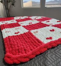 Need a Valentines or Galentines Day gift? Or just a really cute and cozy treat for yourself? Look no further! This red-white with hearts checkered chunky blanket is a thoughtful AND practical present that combines warmth with visual appeal. We guarantee our blankets will be one of the coziest gifts! Don't see a size you're looking for? Just message me! Sizes may be vary slightly due to the nature of handmade, however it will NEVER be smaller than the size you ordered. 100% handmade, hand knitted