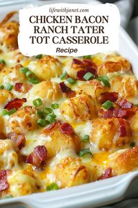 This sensational casserole brings together all your favorite flavors into one hearty and comforting dish the whole family will devour. Juicy chicken meets crispy bacon and smooth, creamy ranch, with a top layer of crunchy, golden tater tots and gooey melted cheese.